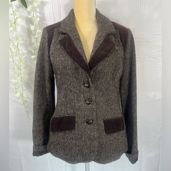 Dollhouse Jackets & Blazers - Women's Tweed Blazer Size Medium Brown Herringbone VELVETEEN Trim Dollhouse